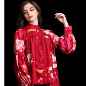 The Moon Maroon Astro Print Blouse Balloon Sleeve Bow Back Button Front SzLg NEW
